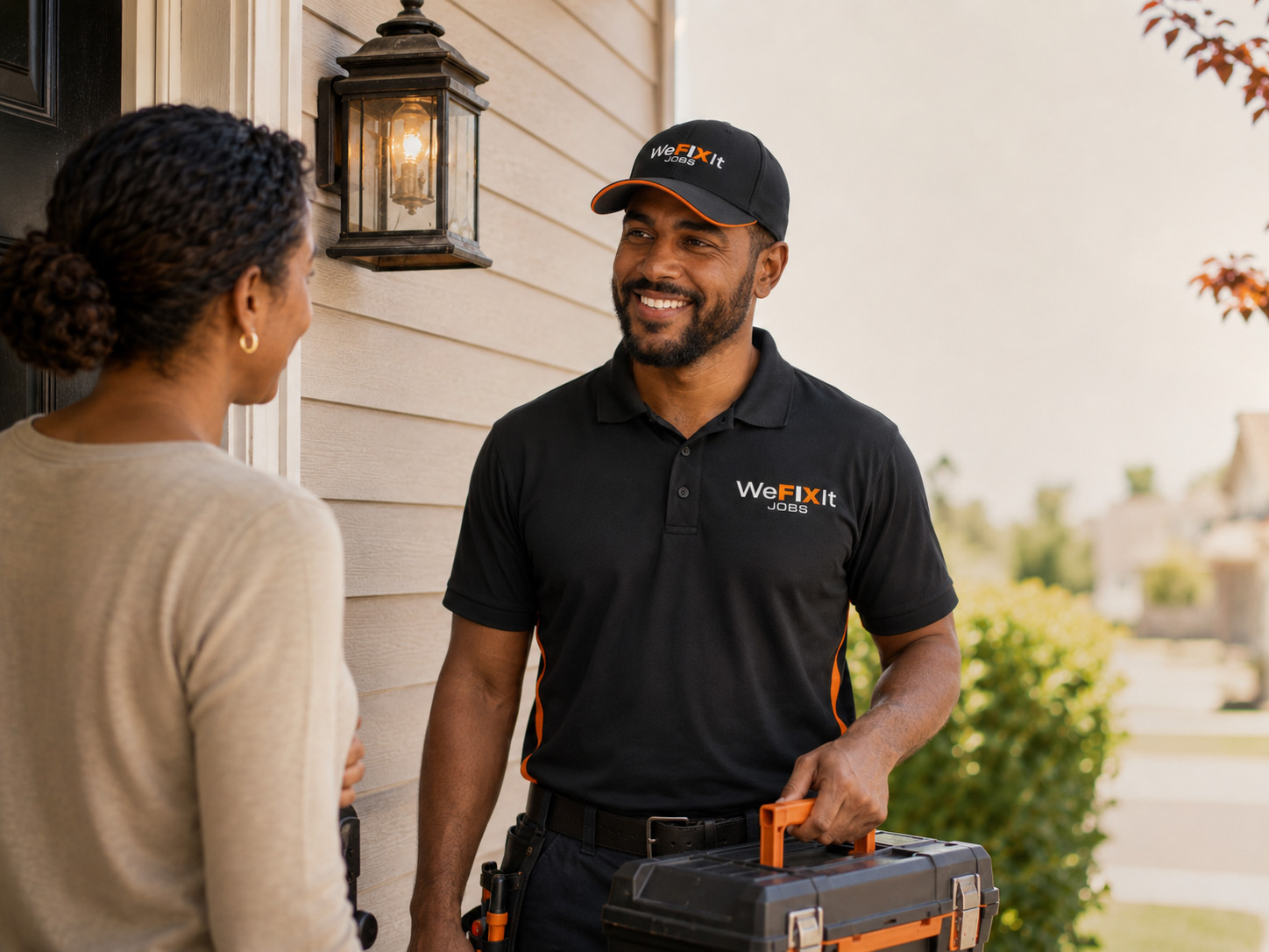 Friendly tradesman speaking with homeowner