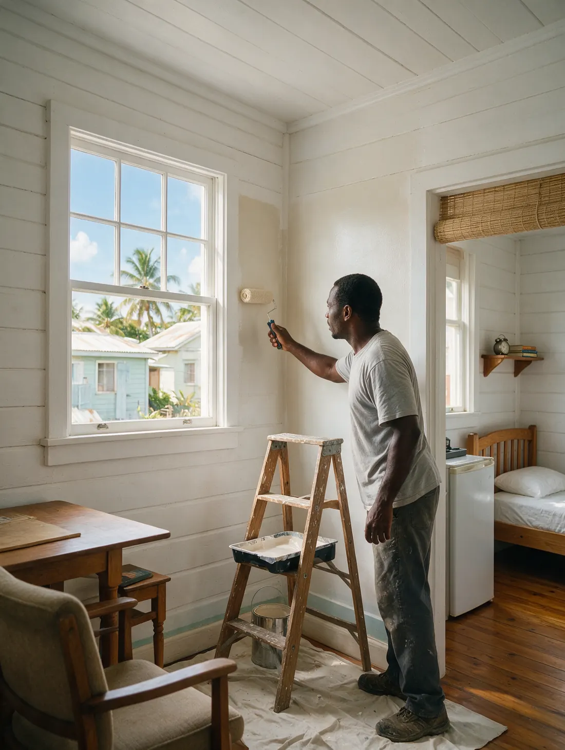 Rolling fresh paint onto a bedroom wall