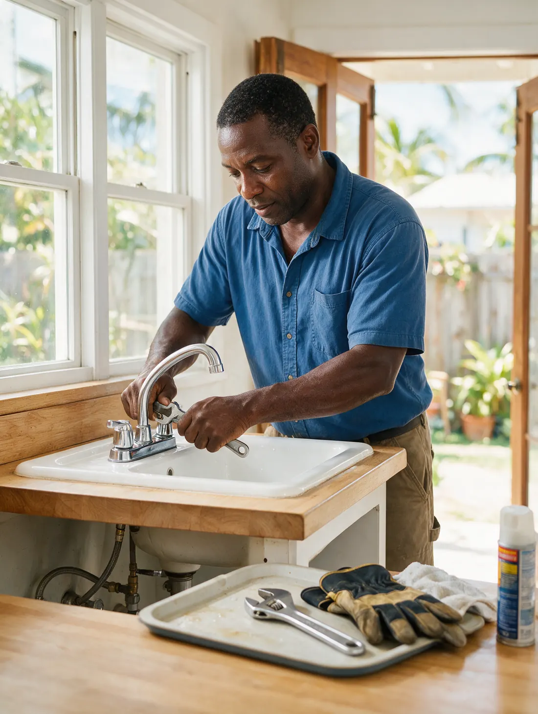 Plumber replacing a dripping kitchen faucet