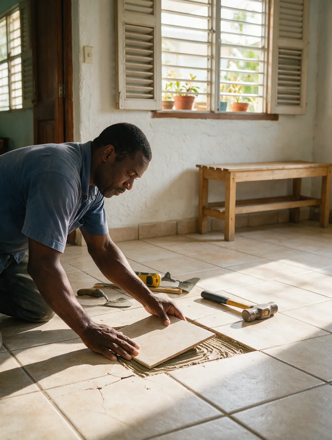 Tiler bedding a replacement floor tile