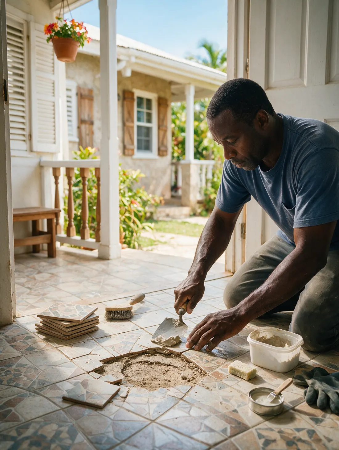 Repairing a damaged patch of floor tiling