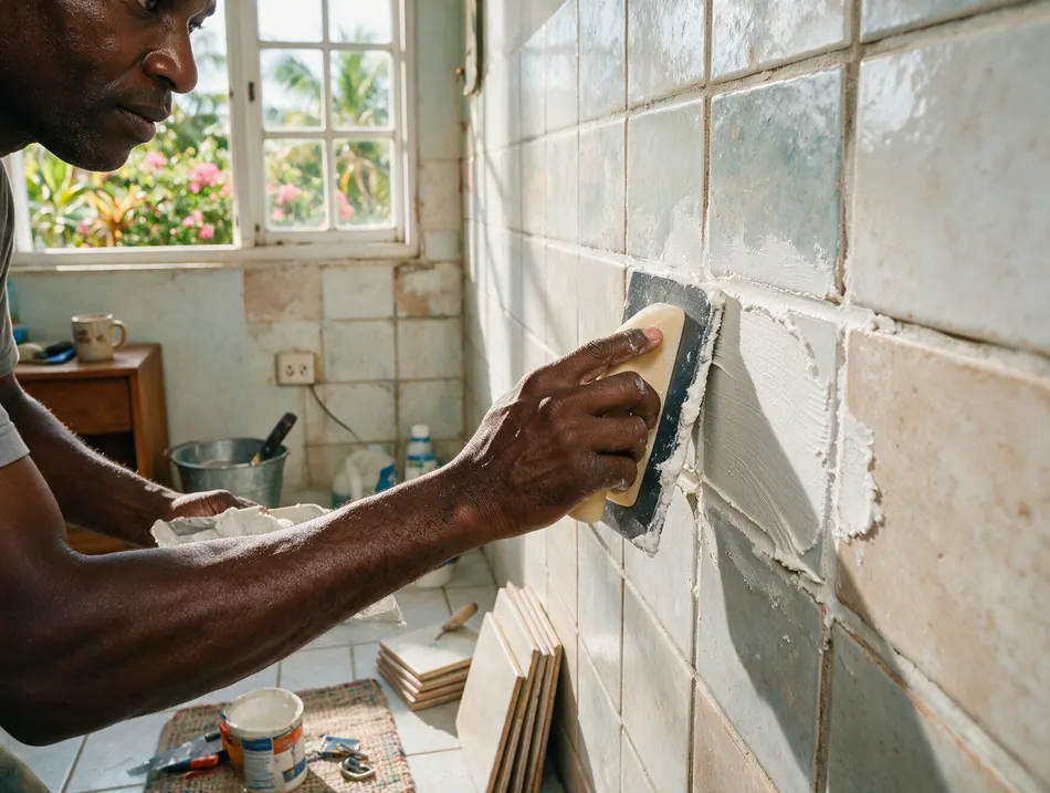 Pressing fresh grout into existing wall tiles
